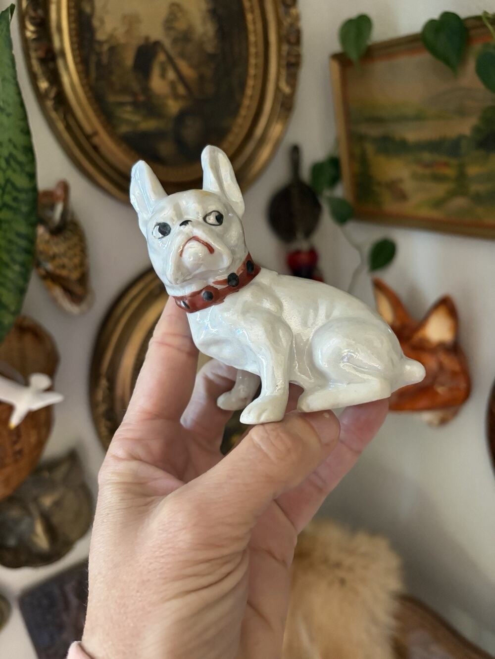 Vintage Porcelain Lusterware French Bulldog Made In Japan Porcelain Dog Figure